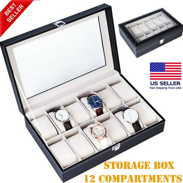 Hottest 12-Slot Watch Box, Watch Holder with Glass Lid, Watch Case with  Removable Watch Pillow, Velvet Lining, Metal Clasp, Watch Display, Black 