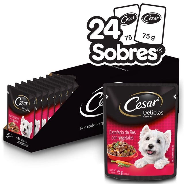 Caja de Alimento Húmedo Pouch Sabor Res con Vegetales Cesar 24 unidades de 75 gr