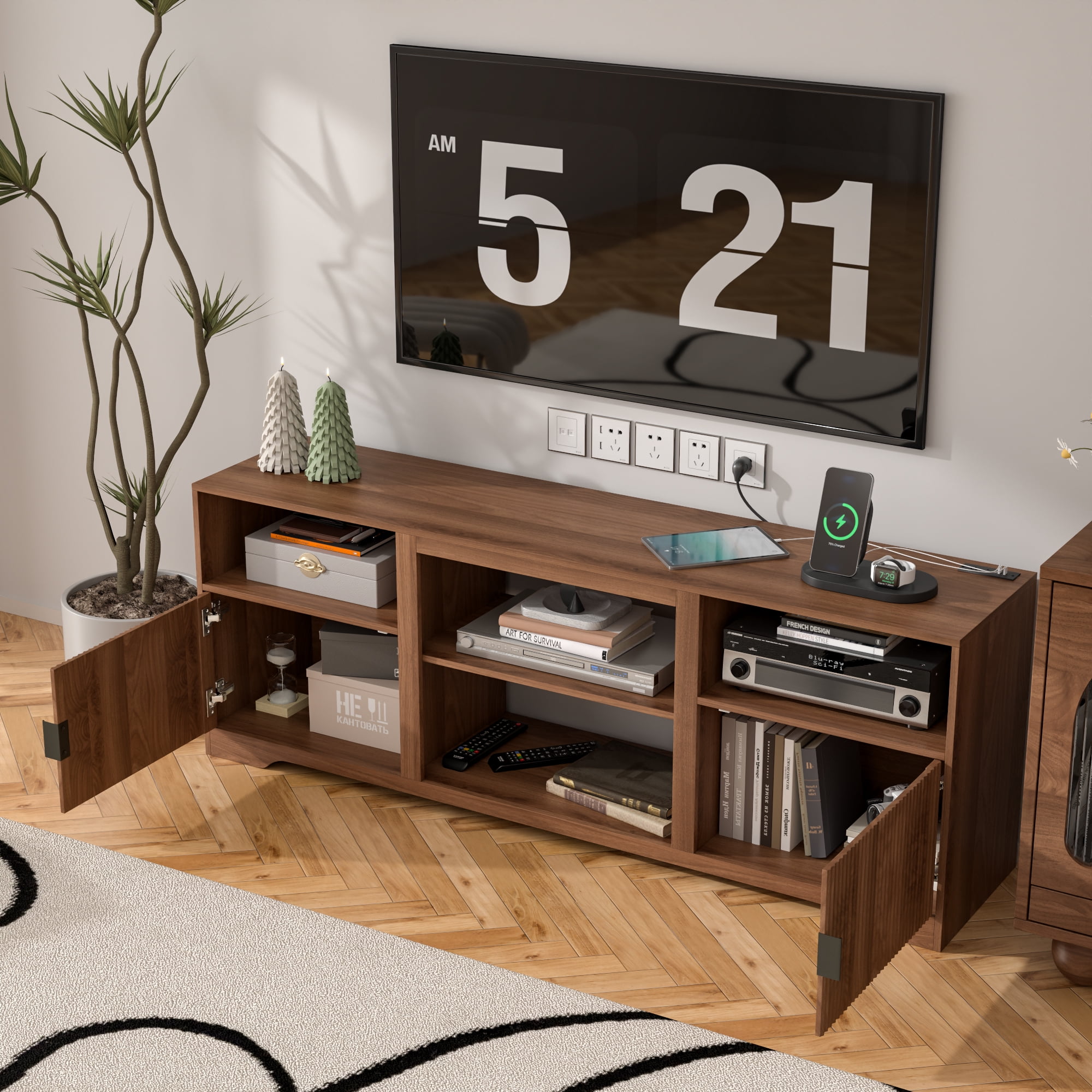 Lisicues TV Stand for TVs up to 80", 68" Media Console Cabinet with Storage Shelves & Cord Holes, Mid-Century Modern Entertainment Center for Living Room, Bedroom