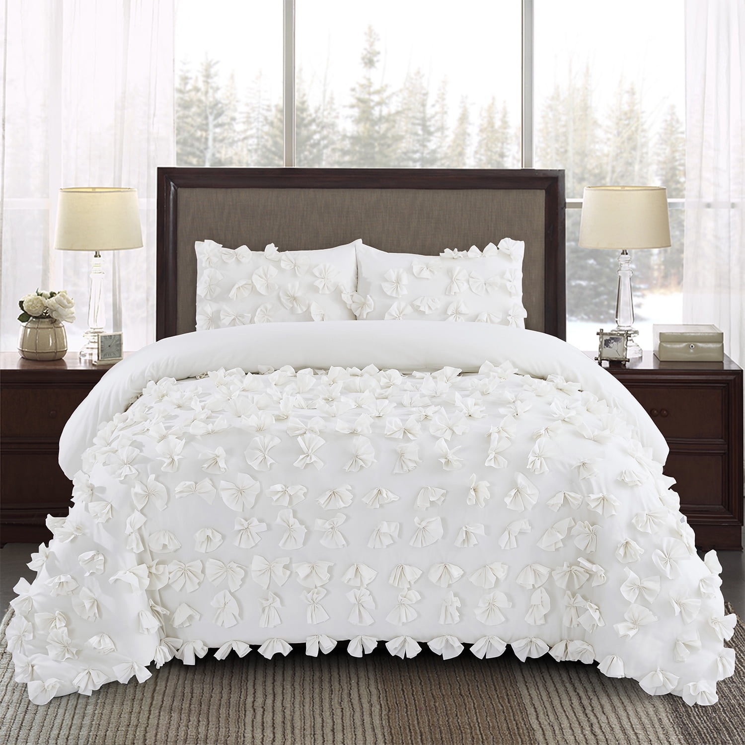 HIG 3 Pieces Luxurious Ivory Comforter Set Hundred Butterfly Flower Applique 