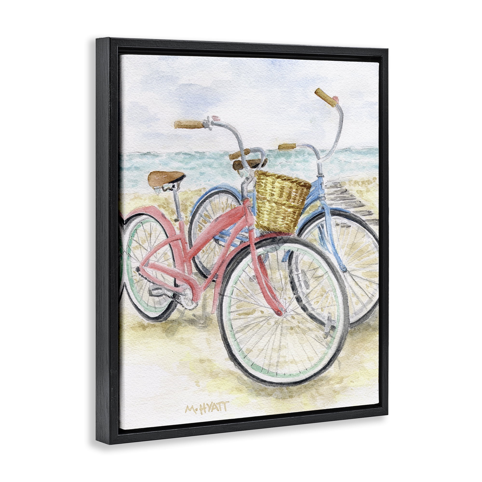 Stupell Industries Beach Bikes Parked Transportation Painting Black Floater Framed Canvas Art Print Wall Art, 17 x 21
