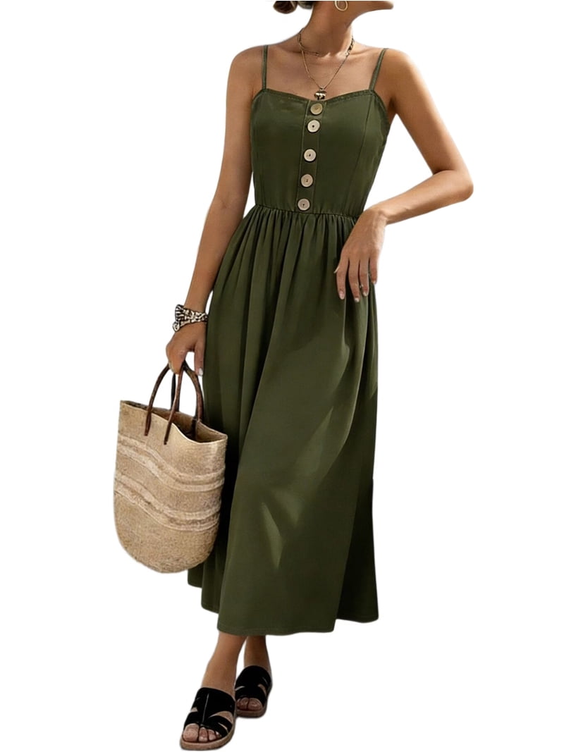 green spaghetti strap midi dress vigerkar Sleeveless Corset Dress for Women 2025 Elegant Spaghetti Strap Midi Dress Flowy Pleated Hem Low Cut Prom Dresses Green, L