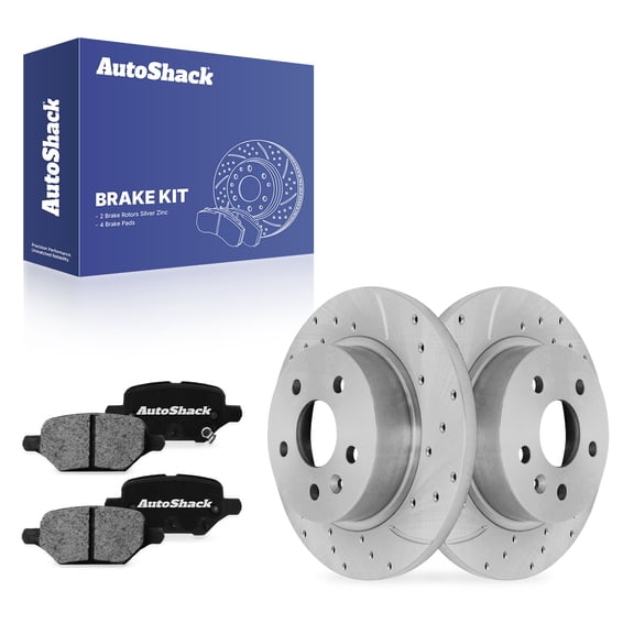 AutoShack Rear Solid Drilled & Slotted Silver Zinc Coated Brake Rotors   Ceramic Pads 6-PC Brake Kit Replacement for 2018-2022 Chevrolet Trax 2018-2022 Buick Encore SilverShield Pro 10.55" (268 mm)