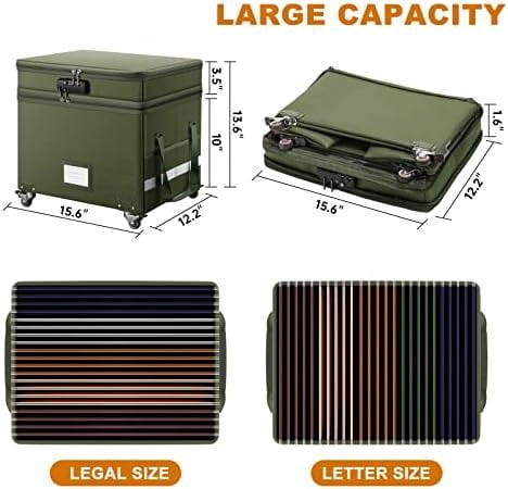 File Box with Lock,2-Layer Fireproof Document Box with Wheels,Collapsible Rolling File Storage Organizer with Pockets,Large Portable Home Office Filing Cabinet Safe for Hanging Folders,Green
