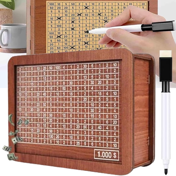 Wooden Money Box with Engraved Figures - Savings Box with Counter & Preset Goals, Piggy Bank for Adults and Kids