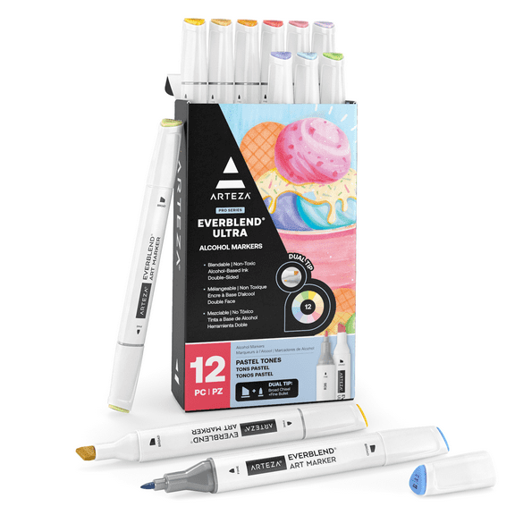 Arteza EverBlend Ultra Markers 12/Pkg-Pastel, Broad Chisel And Fine Tip