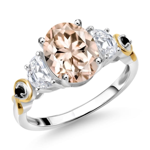 Gem Stone King 925 Silver and 10K Yellow Gold 3-Stone Ring Oval Peach Morganite and Moissanite (2.11 Cttw, Size 9)
