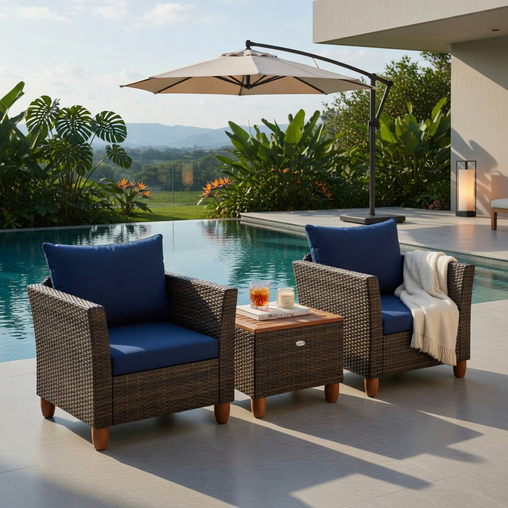 Hommoo 3-Piece Outdoor PE Wicker Patio Furniture Set with Navy Cushions, Acacia Wood Storage Coffee Table & Heavy-Duty Metal Frame, Navy