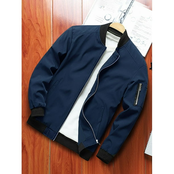 FAROOT Men's Bomber Jackets Solid/Contrast Color Stand Collar Long Sleeve  Zip Front Coat