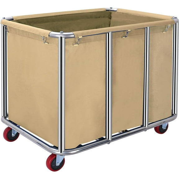 Commercial Laundry Cart with Wheels,Commercial Laundry Basket 11.35 Bushel(400L),Industrial Laundry Cart with Stainless Steel Frame and Oxford Cloth,440LB Load(Beige)
