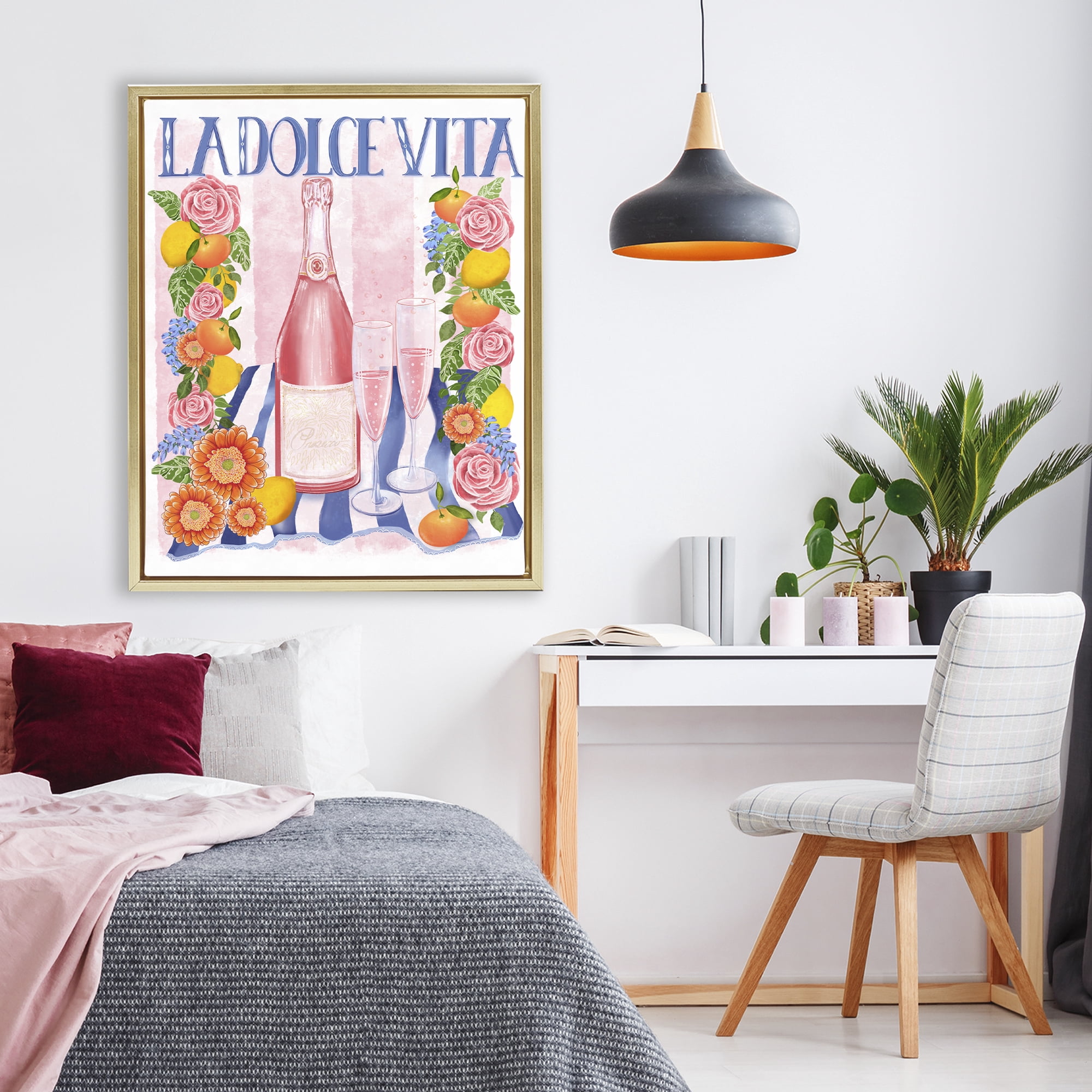 Stupell Industries Pink Champagne Picnic Gold Framed Floater Canvas Wall Art, design by Lori Mosley