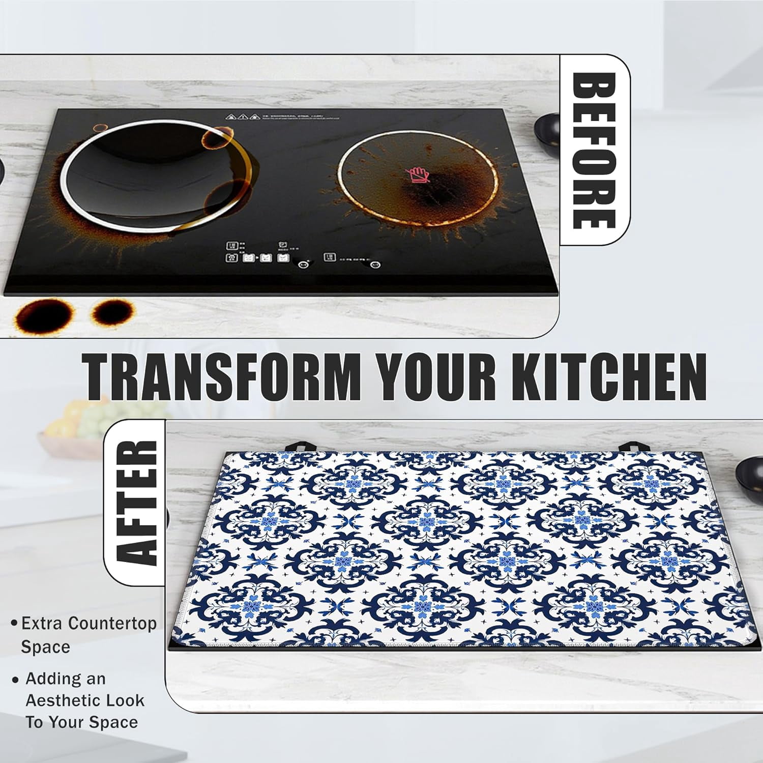 Stove Top Covers for Electric Stove,Blue Tile Flat Top Stove Cover,Modern Geometric Heat Resistant Glass Top Stove Cover Protector Anti-Slip Range Covers, 28 x 20 Inch