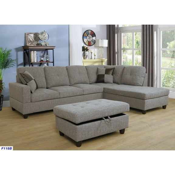 PonLiving Furniture - L Shape Sectional Sofa Set with Storage Ottoman, Right Hand Facing Chaise, Brown / Gray Color, Linen Upholstery Material