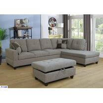 PonLiving Furniture - L Shape Sectional Sofa Set with Storage Ottoman, Right Hand Facing Chaise, Brown / Gray Color, Linen Upholstery Material