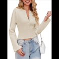 thumbnail image 1 of Suéteres Cortos para Mujer, con Botones, Larga, Cuello en V, Punto Acanalado, Corte Ajustado, Tops Cortos Albaricoque M, 1 of 10