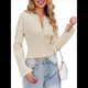 thumbnail image 1 of Suéteres Cortos para Mujer, con Botones, Larga, Cuello en V, Punto Acanalado, Corte Ajustado, Tops Cortos Albaricoque M, 1 of 10