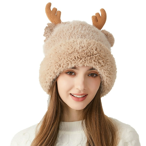 Sombreros de invierno para mujer, bonitos sombreros de punto con astas gruesas y protección para las orejas, gorros cálidos de poliéster para mujer.