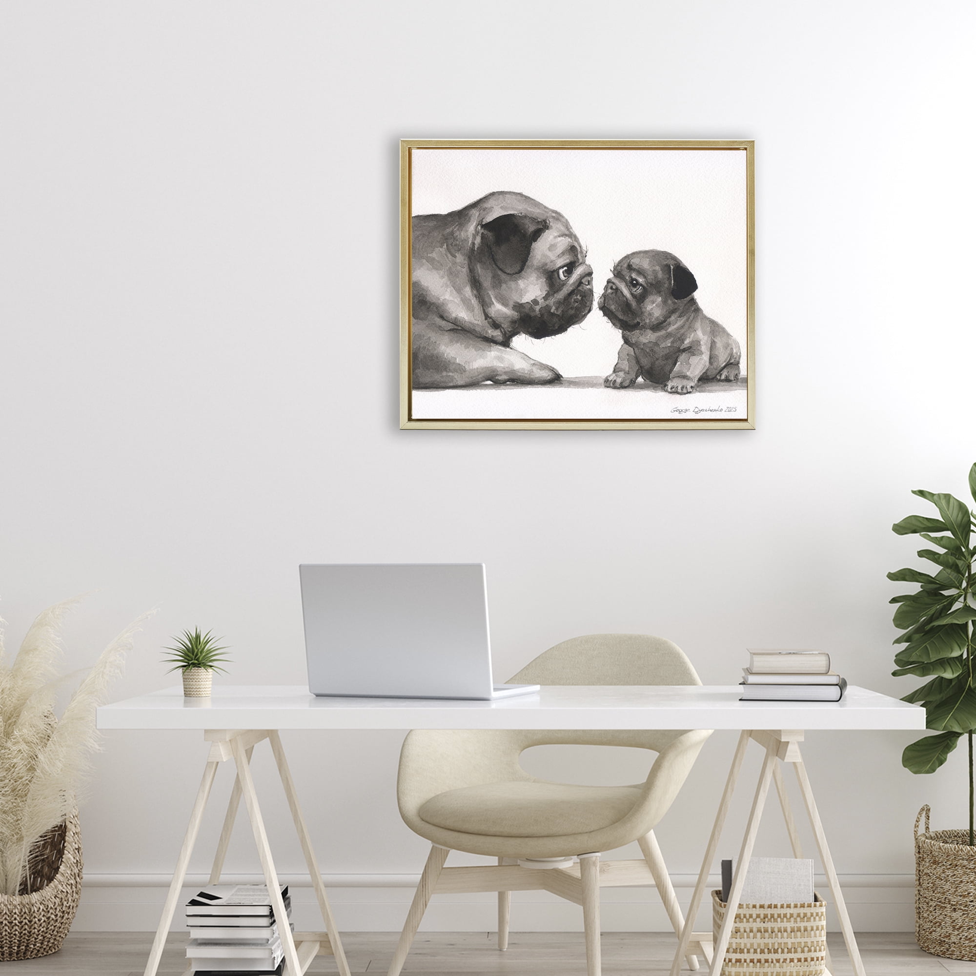 Stupell Industries Pug And Her Puppy Gold Framed Floater Canvas Wall Art, design by George Dyachenko