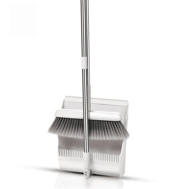 Juego de recogedor y escoba de pelo suave con soporte de cubo inclinable de acero inoxidable blanco, giratorio para el hogar, resistente al viento, combinación de barrido