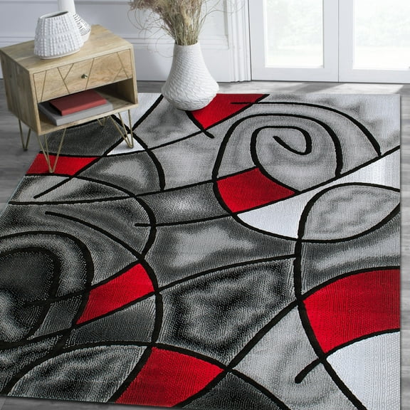 Lava/Grey/Silver/Black/Abstract Area Rug Modern Contemporary Circles and Wavey Swirlls Design Pattern