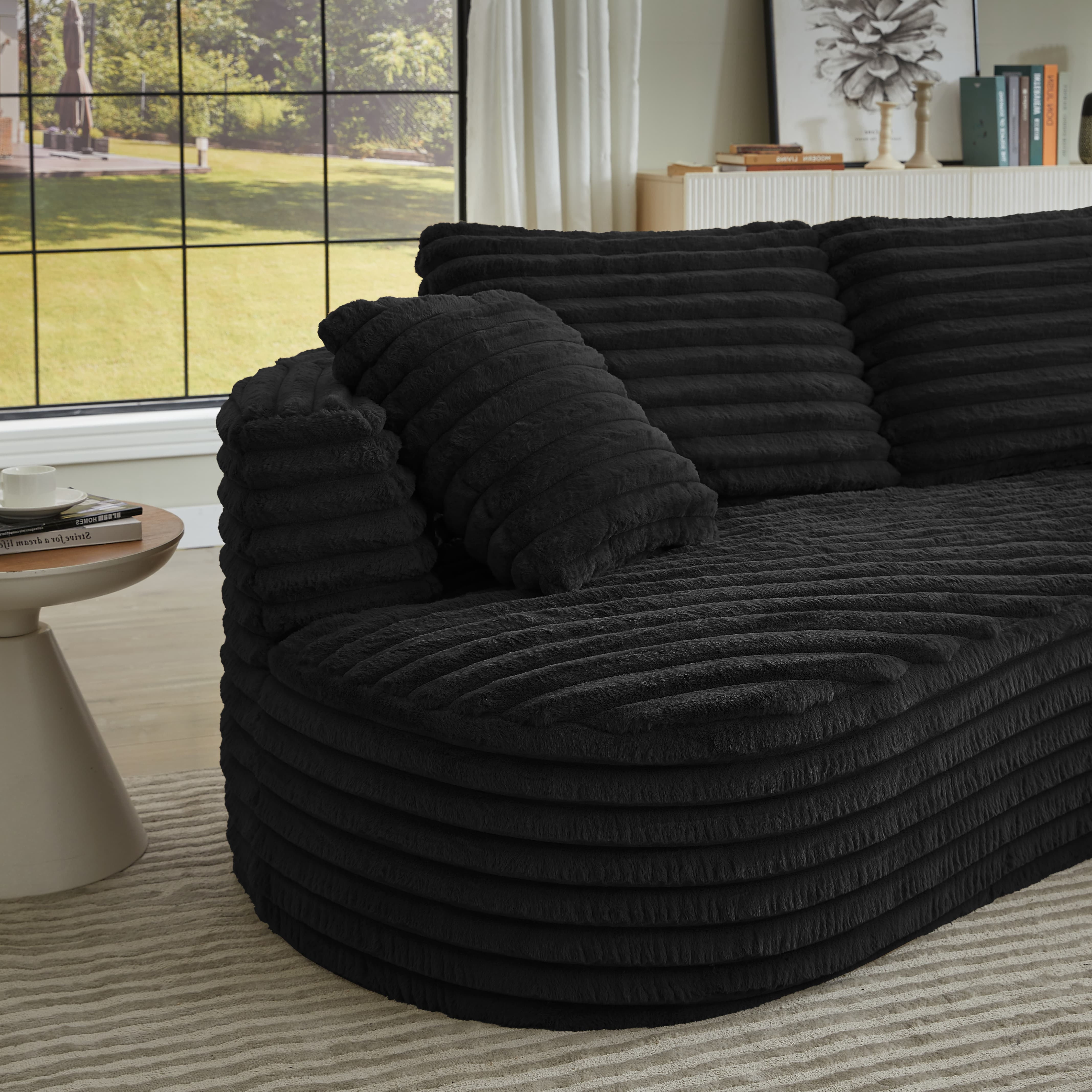 MAYEERTY 120.9" Black Corduroy Curved L Modular Sectional Sofa, Pocket Spring No Assembly Couch for Living Room Reception