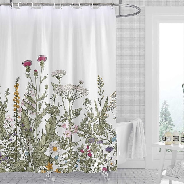 Rock Cloud Floral Shower Curtain 180x200cm, Watercolor Flowers Fabric Bathroom Curtains Set with Hooks Decorative Botanical Leaves Pattern Machine Was