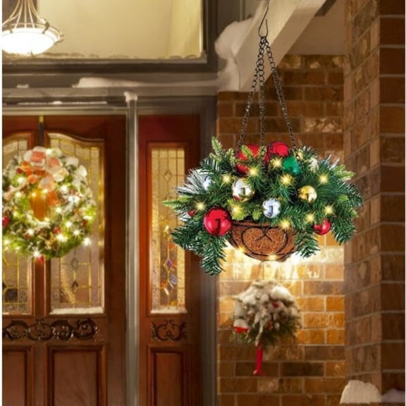 Christmas Hanging Basket Artificial  Lights Decorative Planter for Home Garden Porch Patio Balcony Red & Green Ball