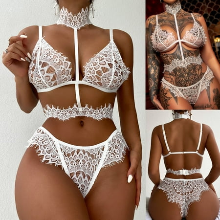 

Fatuov Womens Lingerie Sets Women Exquisite Mesh Lingerie Bra+Choke+Briefs Set Babydoll Cut-Out Sleepwear On Clearance