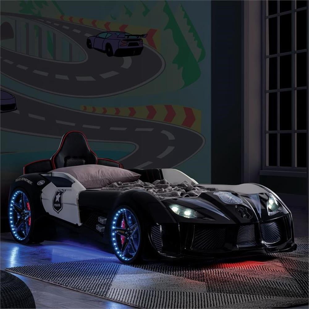 Pemberly Row Plastic Twin Race Car Bed with LED Light in Black