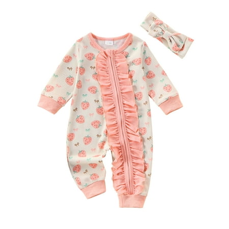 

Woshilaocai Baby Girl Bodysuits Plaid/Bow Print Ruffled Zip Up Romper Headband