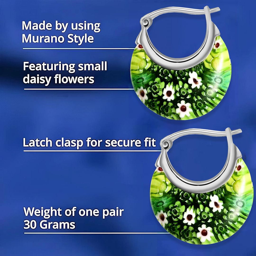 Green Murano Style Millefiori Glass Hoop Earrings for Women Daisy Flower Stainless Steel Jewelry Ct. 30 Birthday Christmas Gifts