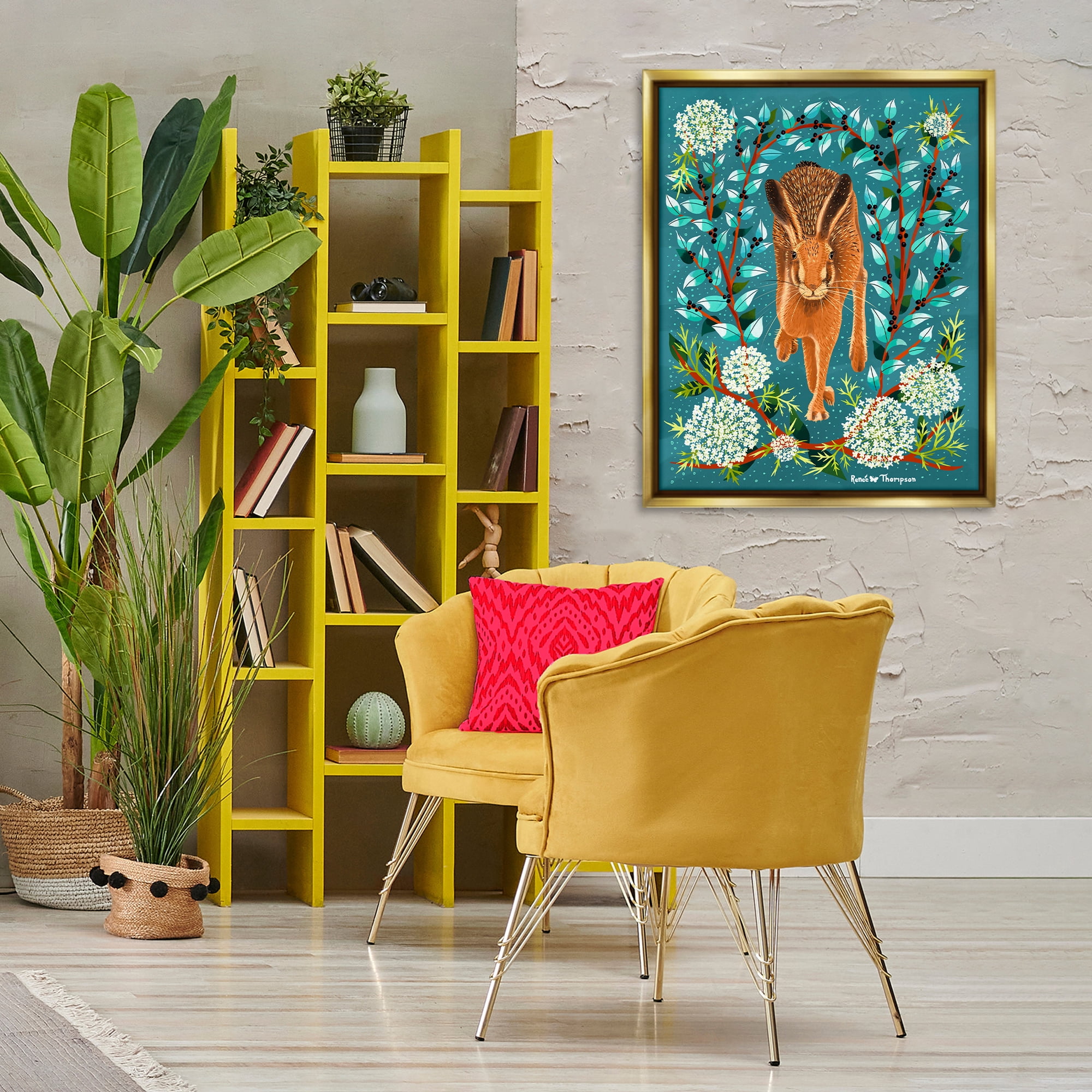 Stupell Industries Hare & Huckleberries Animals Painting Gold Floater Framed Canvas Art Print Wall Art, 25 x 31