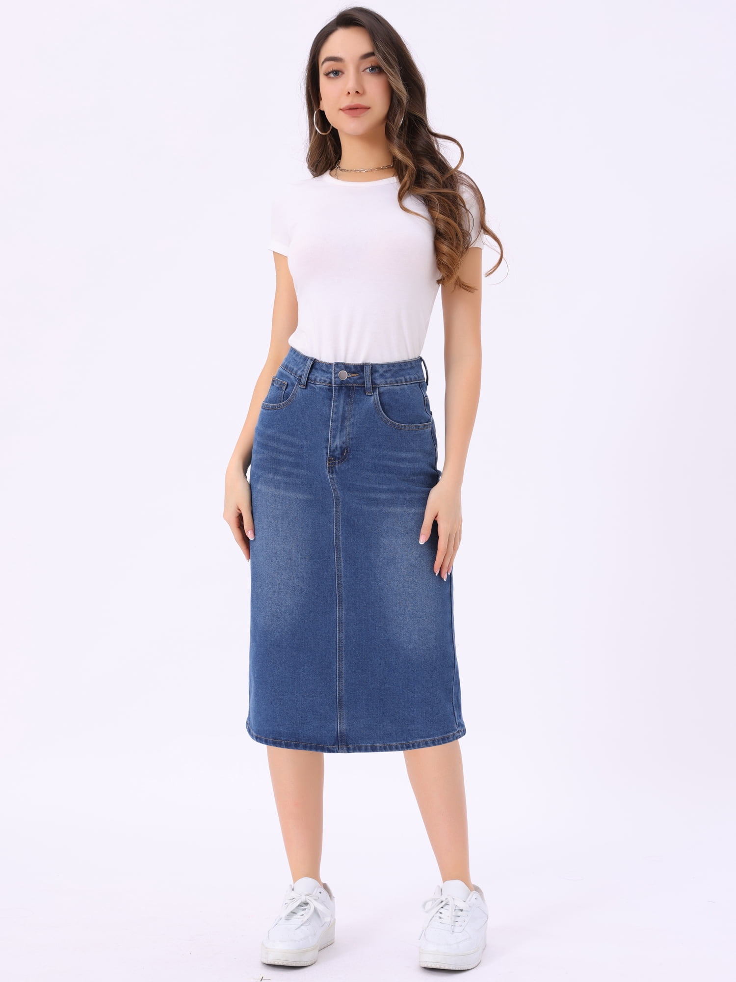 DARING DIVA Women's Denim Split Back Pockets Midi Jean Skirts L Sky Blue