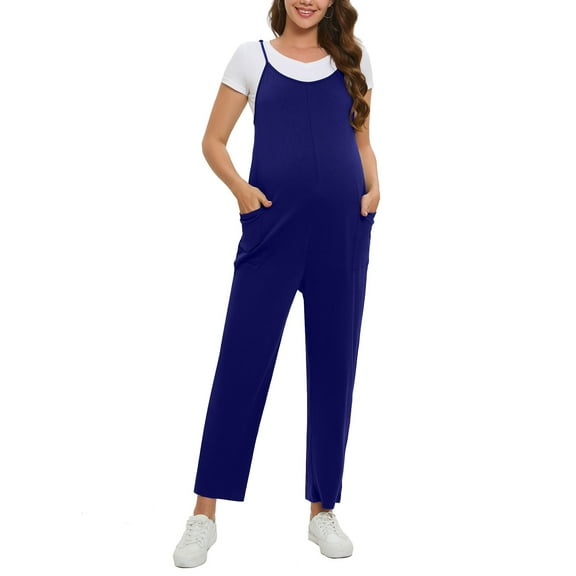 Yesfashion Women's Maternity Dual Pocket Cami Jumpsuits Sleeveless Romper Spaghetti Strap Wide Leg Jumpsuit