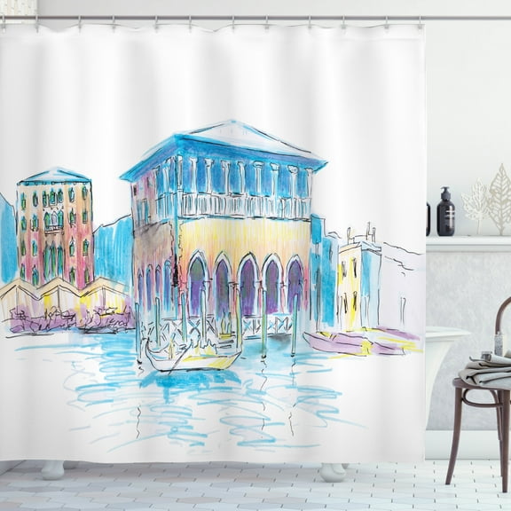 Italy Shower Curtain, Hand Drawn Like Sketch of Historical Landmark Site Along Canal from Venice, Fabric Bathroom Set with Hooks, 69W X 75L Inches Long, White and Multicolor, by Ambesonne