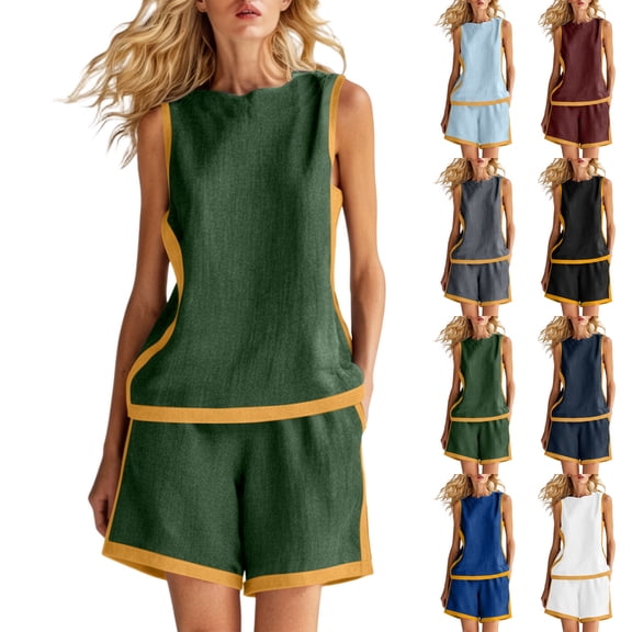 Women's Cotton Linen 2-Piece Outfit Contrast Trim Round Neck Sleeveless Top Pocket Shorts Casual Summer Set Army Green XL(XL)