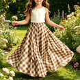 thumbnail image 7 of Classic Gingham Check Tiered Girls Maxi Skirt, Wide Flowy Swing Elastic Waist Long Skirt for Kids Weekend Casual Shopping Trips Khaki 140, 7 of 7
