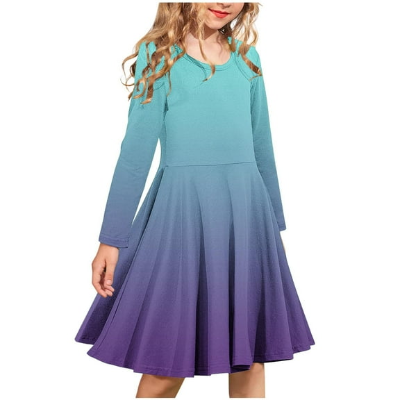 Delliss Baby Girl Long Sleeve Crew Neck Gradient Stylish Dress Flowy Swing Skirt 4-14 Years