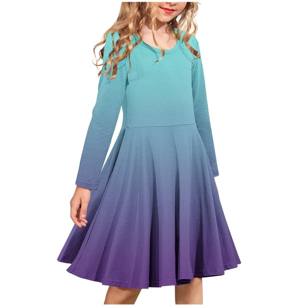 Odeerbi Niñas Manga Larga Gradiente Ballet Vestidos Stretchy A Line Twirly Skater Vestido Escuela Recital Cuello Redondo Vestido