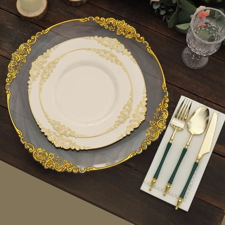 Efavormart 10 Pack | 8 Round Plastic Dessert Salad Plates In Vintage Ivory Gold Leaf Embossed Baroque Disposable Plates