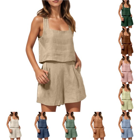 Tanghaowl Short Sets for Women, Women Summer Casual Shorts Suit Two Piece Outfit Pure Color Comfortable Set Daily Wear with Sneakers Khaki L