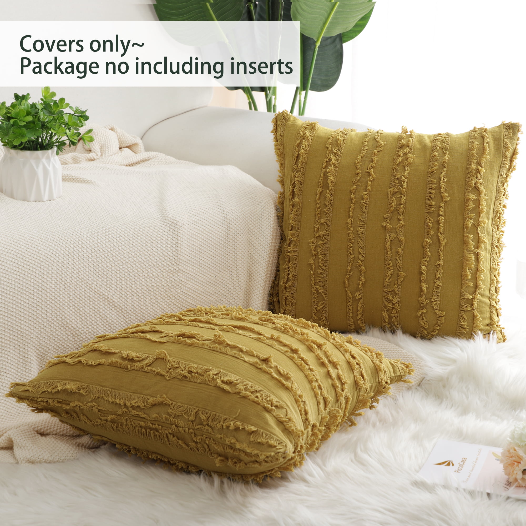 Unique Bargains 2-Pack Tassel Striped Throw Pillow Covers Yellow 18" x 18"