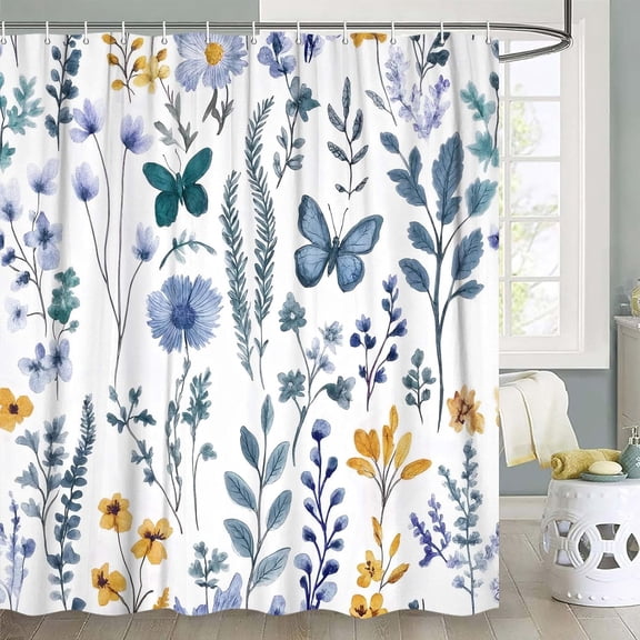 Watercolor Floral Shower Curtain, Purple Flower Butterfly Plant Leaves Shower Curtains, Cute Botanical Boho Cottagecore Waterproof Polyester Fabric Shower Curtain Set with 12 Hooks
