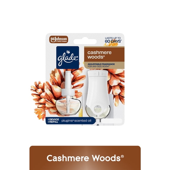 Glade PlugIns 1 Warmer 1 Count Refill Starter Kit, Cashmere Woods, 0.67 FL. oz. Total, Scented Oil Air Freshener Infused with Essential Oils