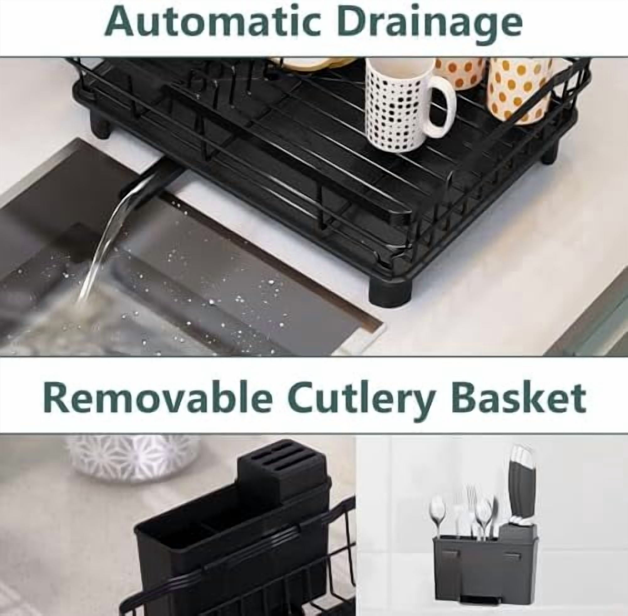 Iron Dish Drying Rack with Drainboard Dish Drainers for Kitchen Counter Extendable Spout Strainers with Utensil Holder and Knife Slots, Black