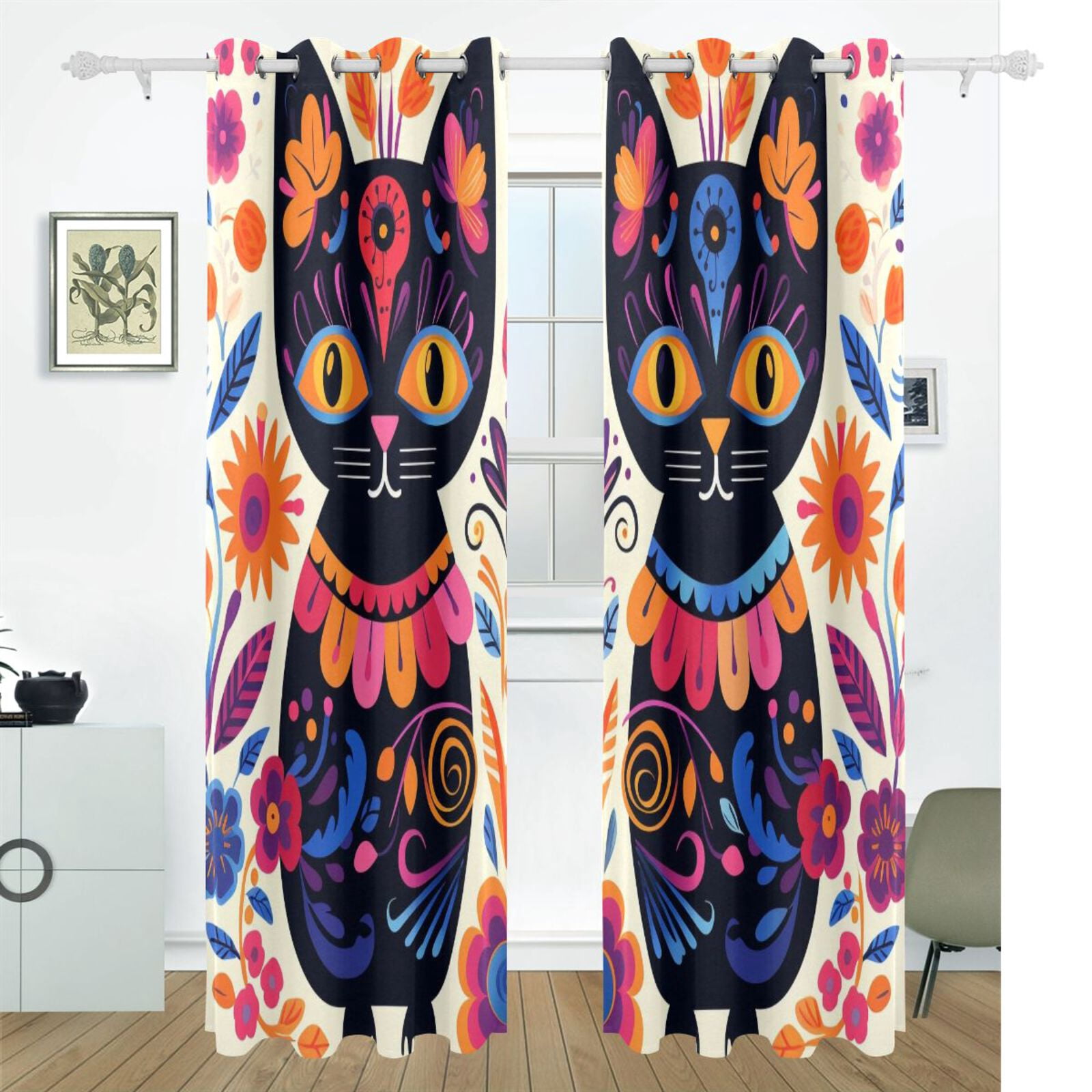 Cats Flowers Painting Black Out Curtains 72 Inch Length Curtains for Sliding Glass Doors Bedroom Living Room 2 Pack