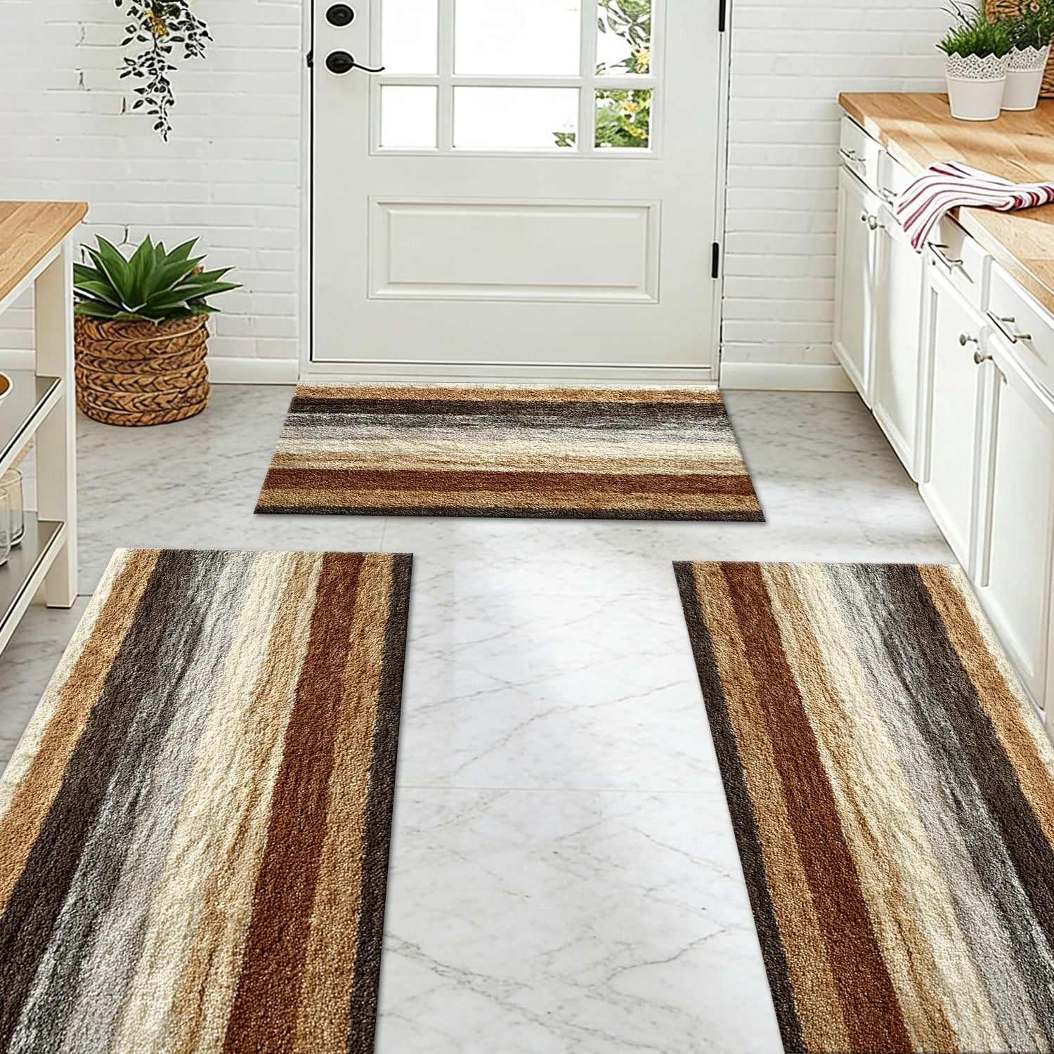 3-Piece Farmhouse Kitchen Rug Set, Washable Anti Slip Striped Floor Mats in 3 Sizes, Stain Resistant Decor Rugs for Kitchen Hallway Bathroom Home Christmas Decor