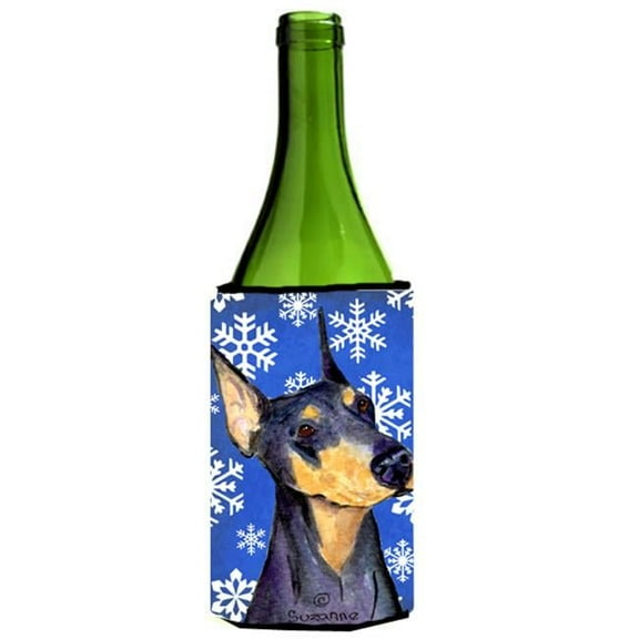 Doberman Winter Snowflakes Holiday Wine bottle sleeve Hugger 24 oz.