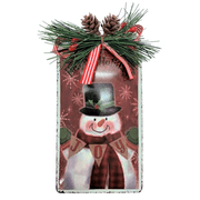 Holiday Time Oversize Rectangle Snowman Metal Ornament. Holly Holiday Theme. Handwash Rim.