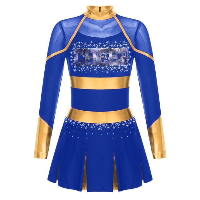 Kaerm Tenue d'Uniforme de Cheerleading pour Filles, Manches Longues, Strass, Robe Plissée, Cosplay, Robe Fantaisie, Bleu 12